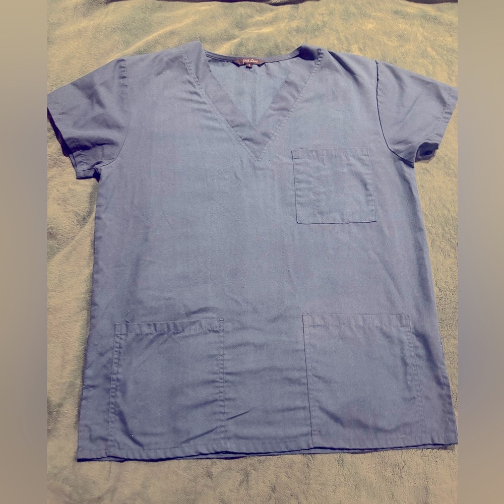 Teal Blue V-Neck Scrub Shirt EUC Size Small